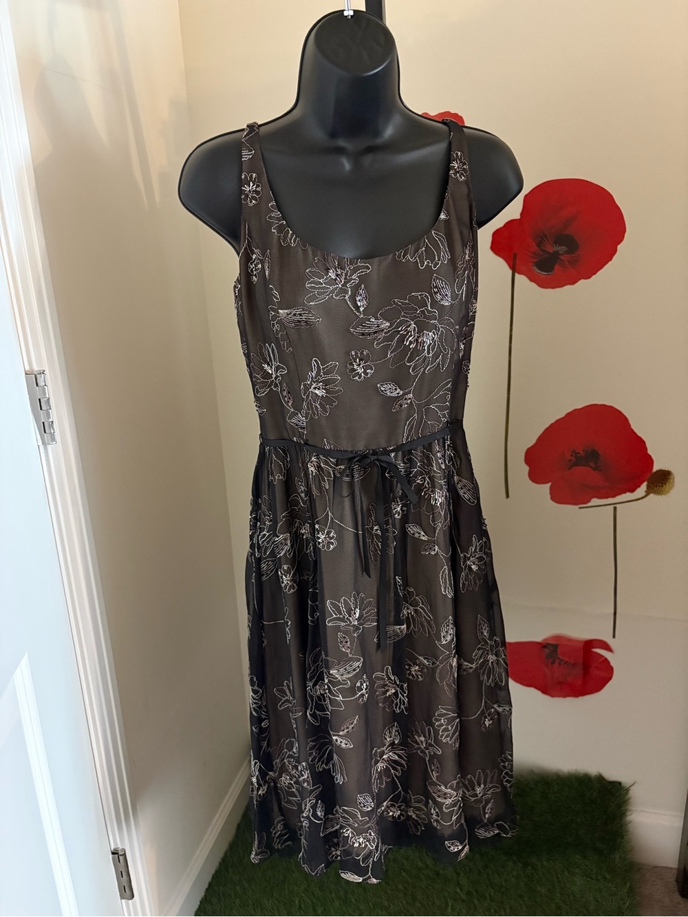 Vintage Adrianna Black Lace Trim Floral Embroidered